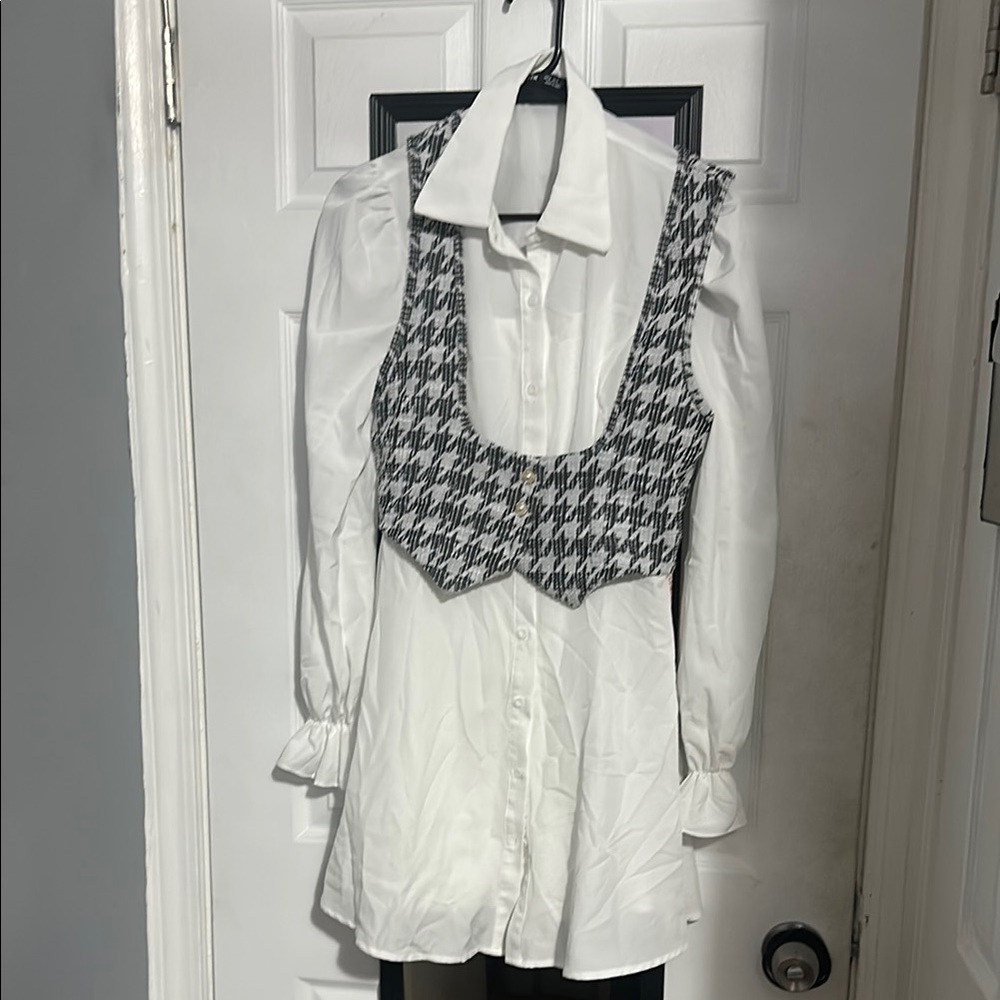 Women's White Blouse Dress with Black Houndstooth Vest